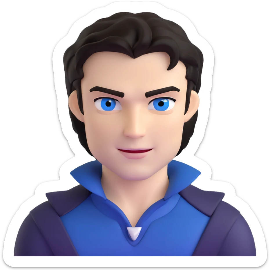Damon Salvatore as a vampire with dark hair, blue eyes, fangs, confident smirk sticker