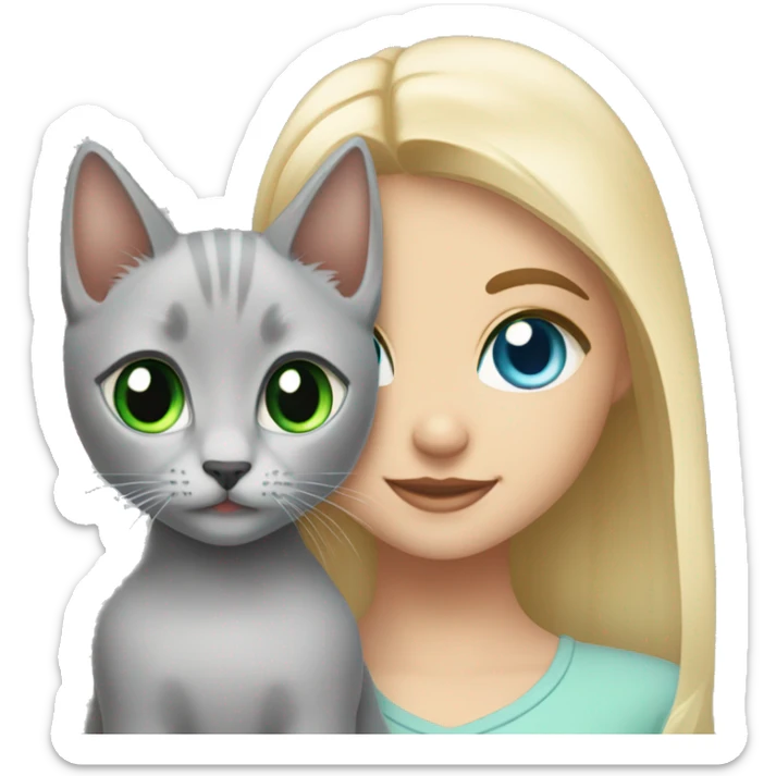 blue eyes grey kitten and green eyes blonde girl are friends sticker