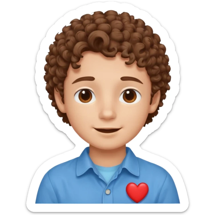 cute boy happy with heart eyes curly short brown hair blue shirt sticker