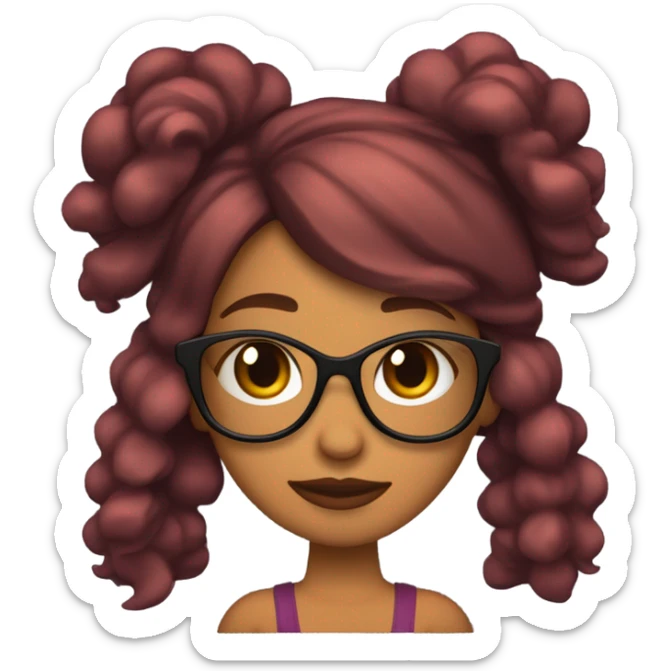 Chica de pelo corto, ondulado, color cereza, ella es morena y usa lentes negros sticker
