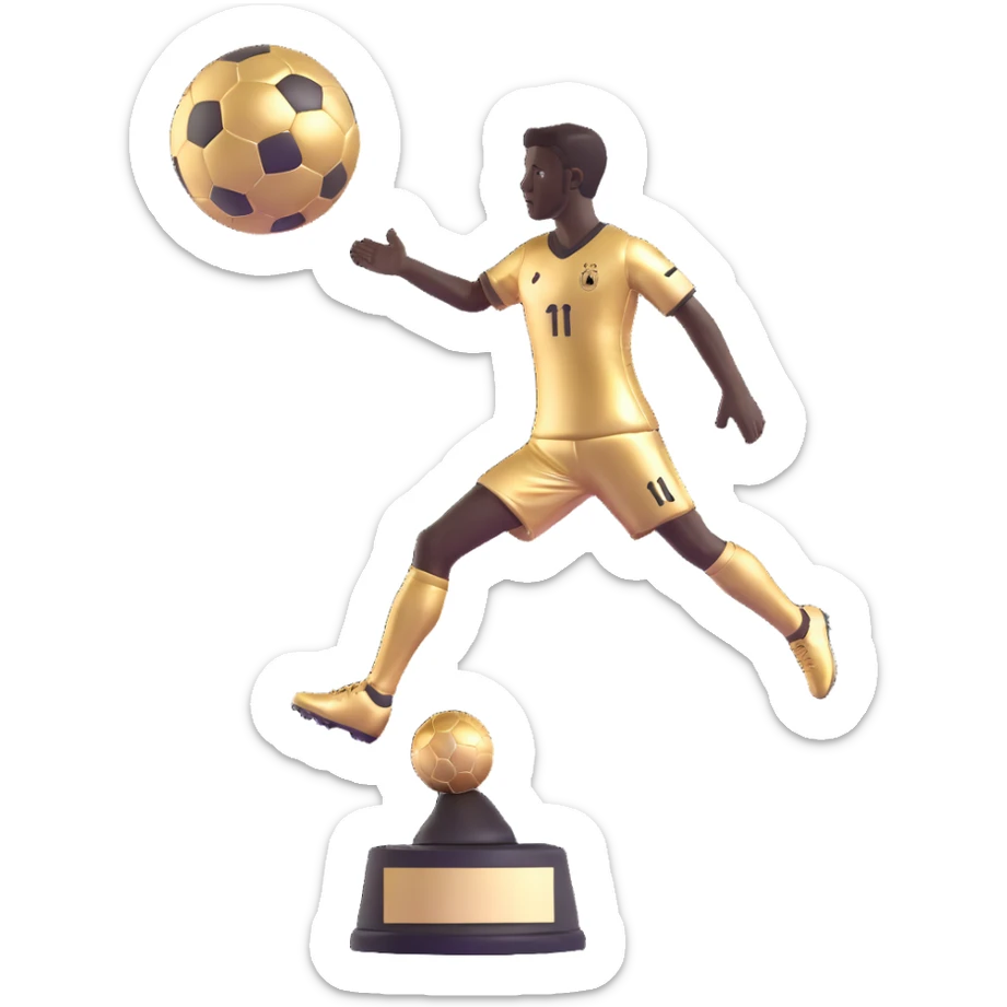 Add a footballer silhouette to the Ballon d'Or trophy, keeping the 3D emoji style with gold glossy finish and minimal background, no background included. sticker