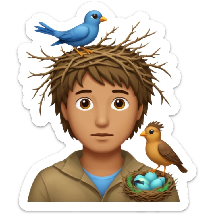 Man who has a birds nest on top of his head for hair sticker