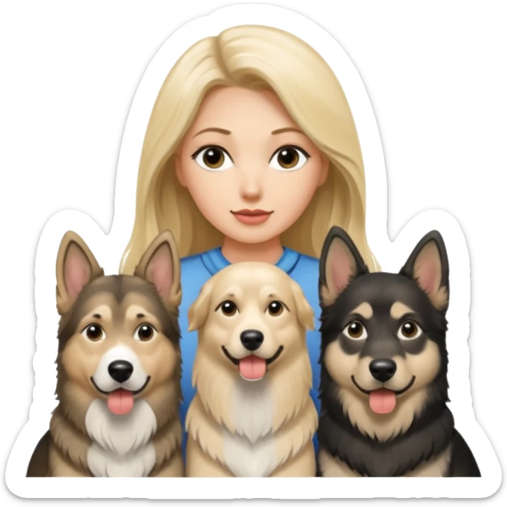 a lady, blonde long hair with 2 german shepards and one black and white alaskan malanute sticker