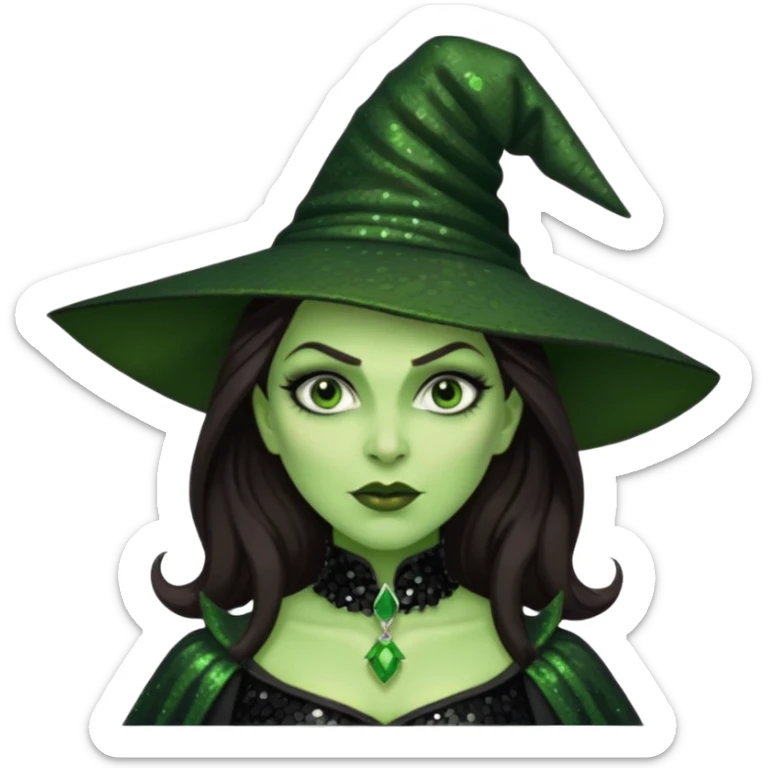 The Wicked Witch from Oz with long dark brown hair, black sequin outfit, green skin sticker