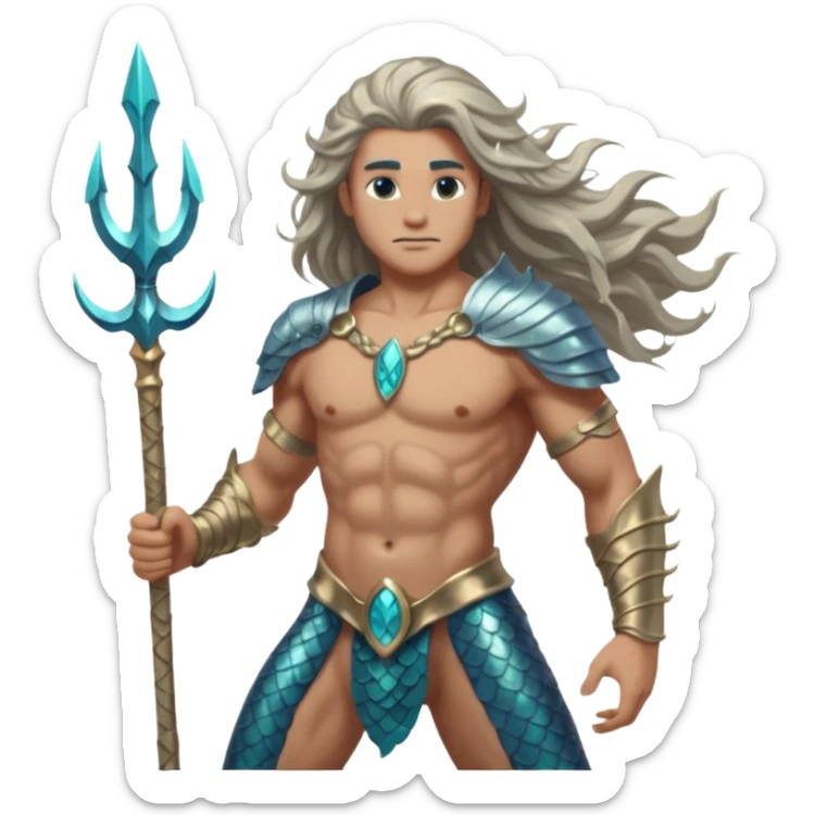 portrait of a muscular merman warrior with dark aqua scales, silver armor pieces on shoulders and arms, holding a glowing trident, stern expression, long flowing hair, underwater battle stance sticker