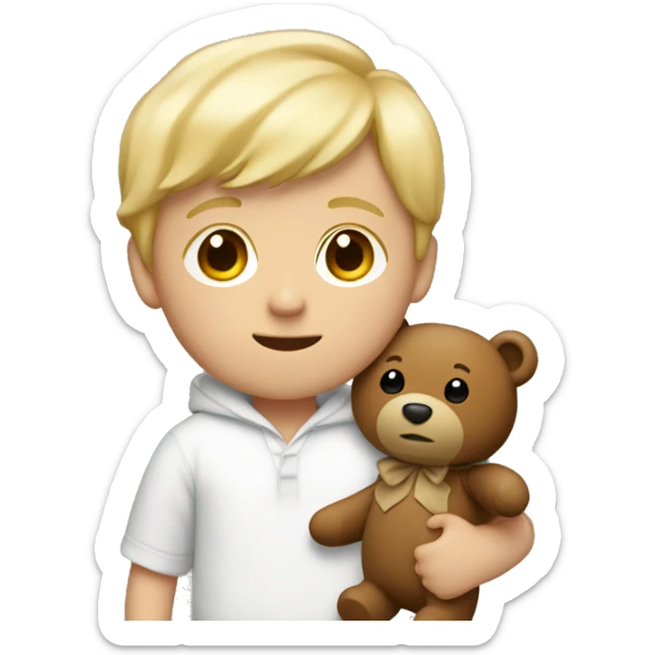 A little white boy with blond hair, in brown pajamas with a teddy bear in his hands sticker