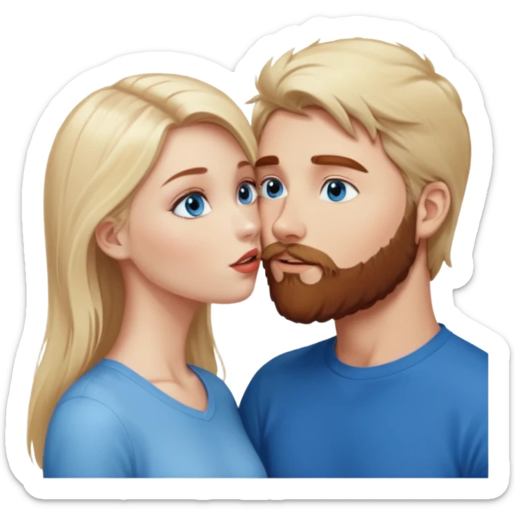 Long-pale-blonde hair, beautiful girl with blue eyes facing, kissing reddish-brown hair-beard boy blue eyed white guy sticker