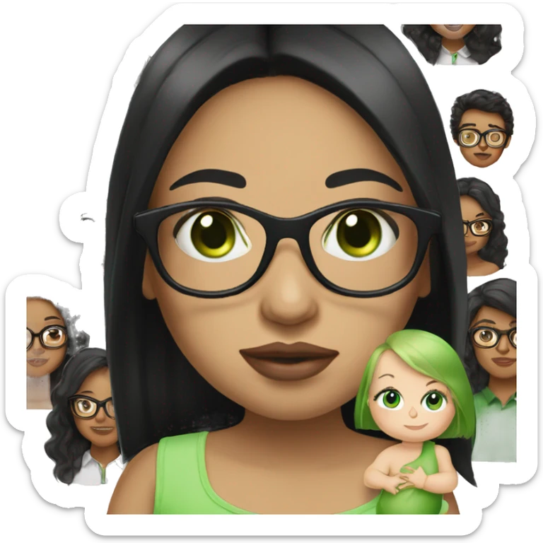 Black long straight hair, green eyes and glasses, big lips white girl holding one year old green eyes white baby boy sticker