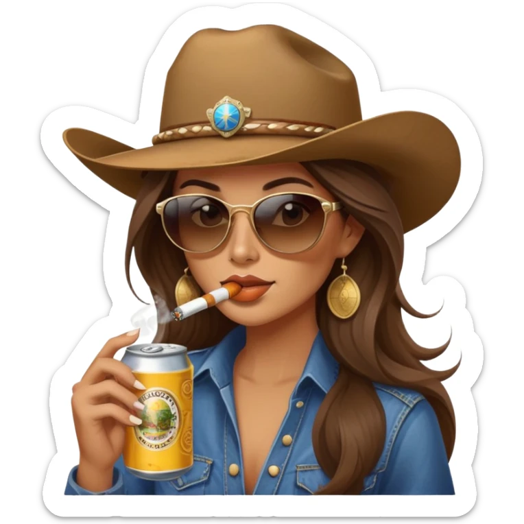 Country woman in cowboy hat with long brown hair with sunglasses on, a cigarette in her mouth and a beer can in her hand  sticker
