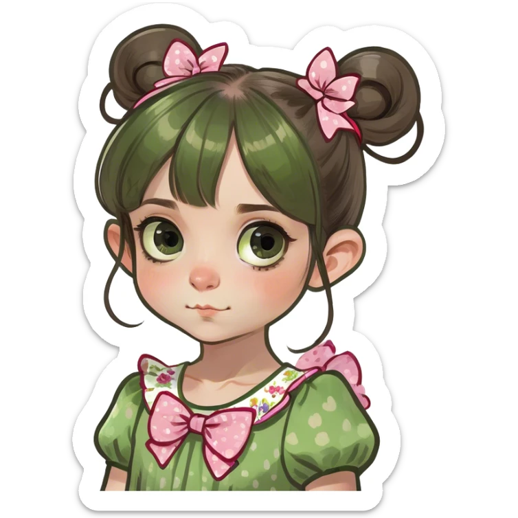 Sweet girl with piggy tales, brown hair big eyes, small pointed nose small mouth  sticker