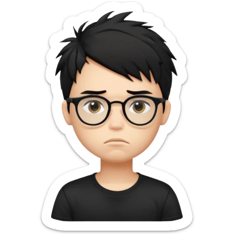 generate a pretty bratz fair skinned boy with black messy hair wearing a black tshirt looking bored n tired. Glasses on sticker