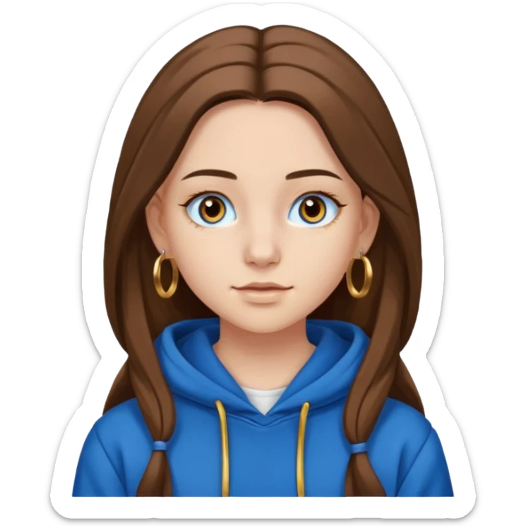 teen girl, white skin, long brown hair middle parted, brown eyes, blue hoodie eyelashes and gold earrings sticker