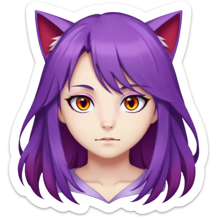 anime, adult neko, purple hair, left purple eye, left red eye, long hair, full screen face sticker