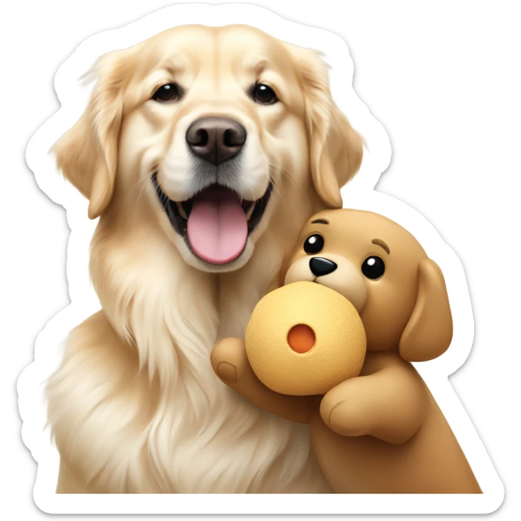 English cream golden retriever holding bear toy in mouth sticker