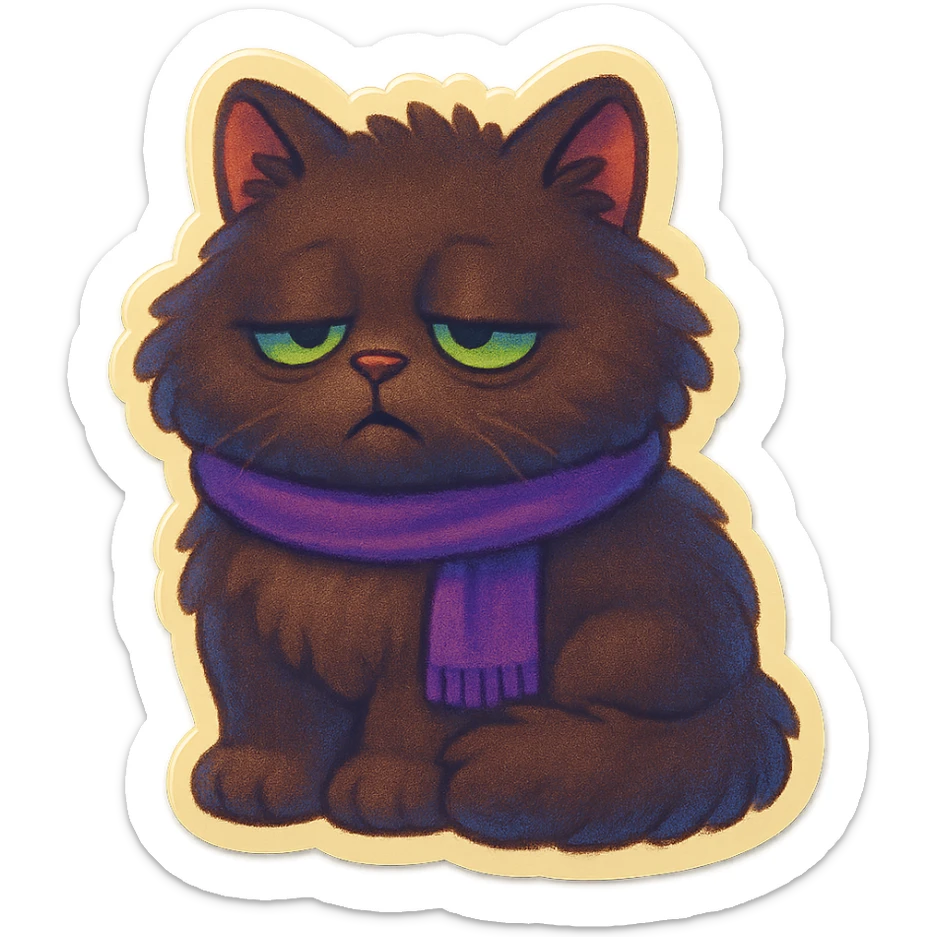 Fluffy sleepy tired dopey cute dark-brown cat with green eyes and a purple scarf  sticker