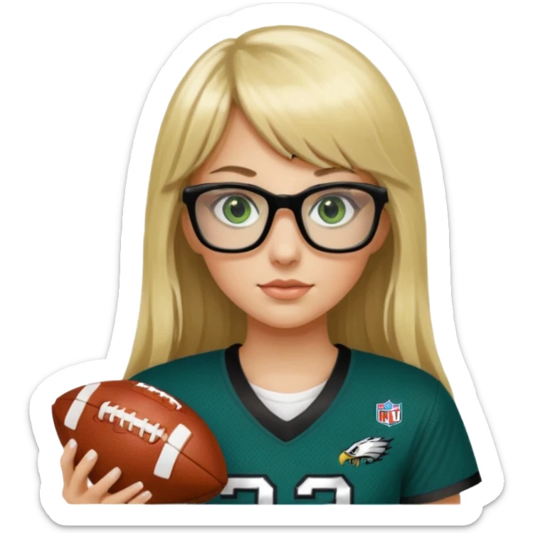 long blonde hair with bangs black rectangle glasses female green eyes football player wearing eagles jersey number 33 holding football sticker
