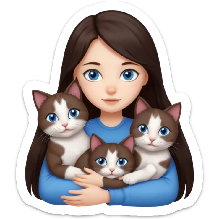 a girl with long dark 
brown hair, with blue eyes, hugs 3 different natural coloured cats sticker