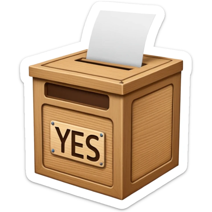 Vote box with "yes but" aber' written on the front and paper entering the top slot sticker