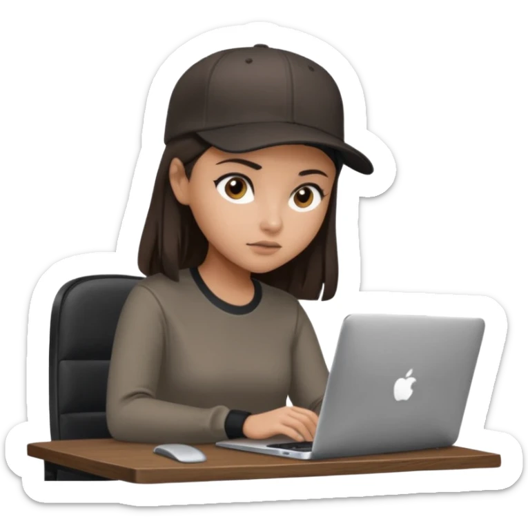 A professional 3D avatar of a young woman with olive skin and long, dark brown hair, wearing a dark, long-sleeved dark taupe shirt and a black baseball cap. She's sitting at a sleek wooden desk, typing on a silver MacBook. sticker