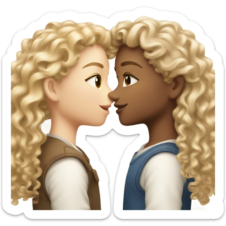 Two girls kissing one curly light blonde hair very curly the other dark blonde hair and sticker