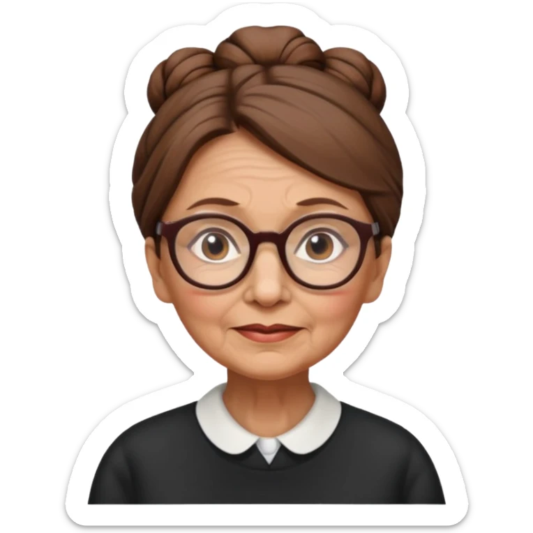 Old woman with brown hair with just one bun and glasses, white European sticker