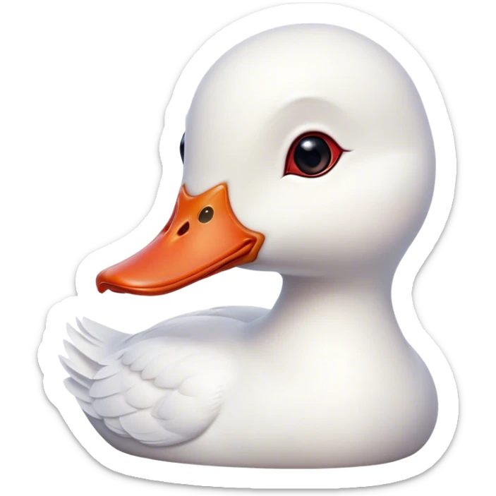 Cinematic Cute White Duck Portrait Emoji, Head tilted playfully and inquisitively, featuring a glossy, immaculate white plumage with a charming red bill, round, sparkling eyes filled with curiosity, Simplified yet irresistibly adorable features, highly detailed, glowing with a warm, friendly glow, high shine, affectionate and lively, stylized with a touch of whimsical charm, bright and endearing, soft glowing outline, capturing the essence of a mischievous yet loving duck, so playful it feels like it could waddle out of the screen and into your arms! sticker