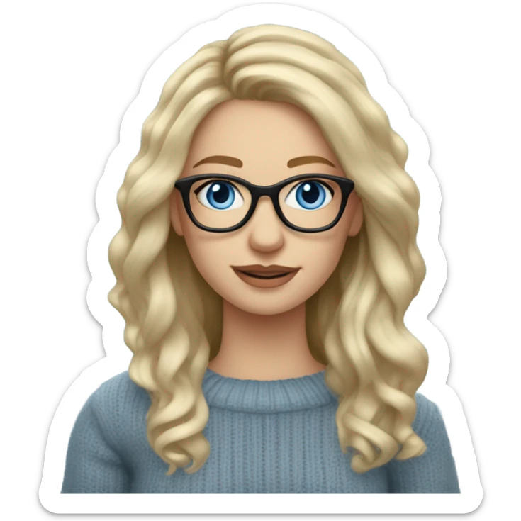 Blonde balayage long hair white women sweater blue eyes and small glasses holding macbook sticker
