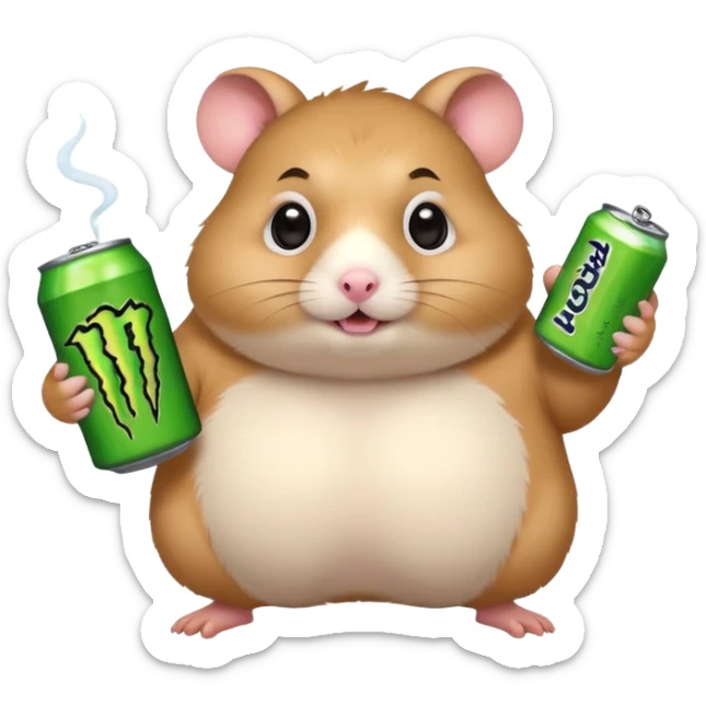 Funny cartoon-style fat hamster with big wide eyes  holding a can of monster energy in one hand and redbull in the other hand sticker