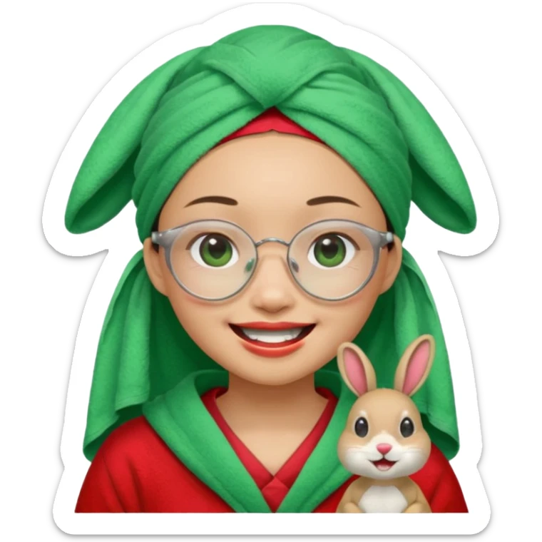 Asian woman wearing a green towel in her head with a broken glasses on her face in red pajamas her smile with rabbit front teeth and the cloth should be red sticker
