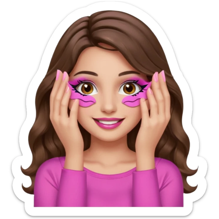 girl with long wavy brown hair, brown eyes, long lashes, makeup, sexy pink lips, light to medium complexion, wearing a pink sexy top, smiling, hands covering over the eyes sticker