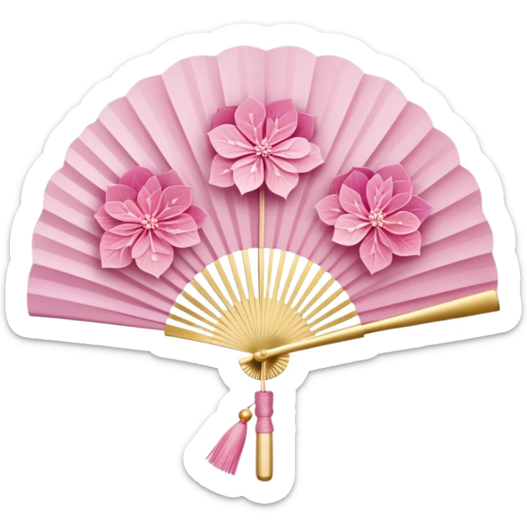 Japanese style pink hydrangea (ajisai) flower arranged like traditional uchiwa fan design, with gold accents, rinpa style pattern background, elegant composition sticker
