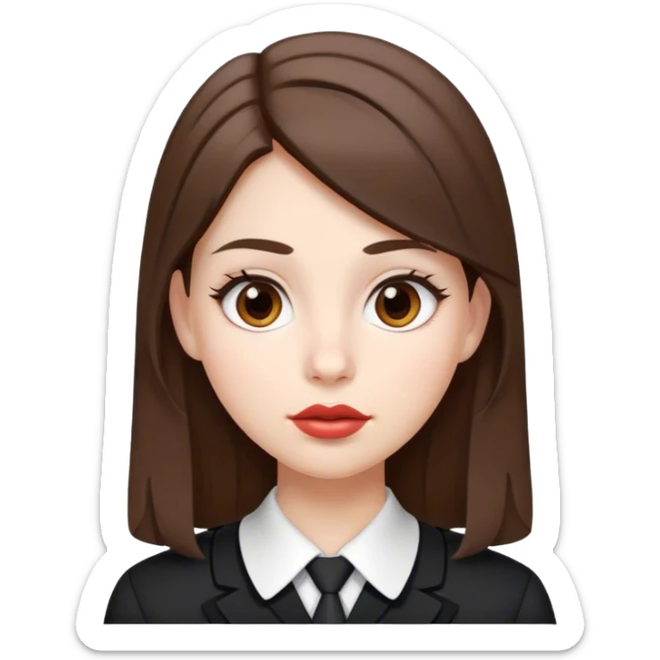 IOS emoji women, White skin, medium-length brown hair, brown eyes, big lips, in black and white school uniform sticker