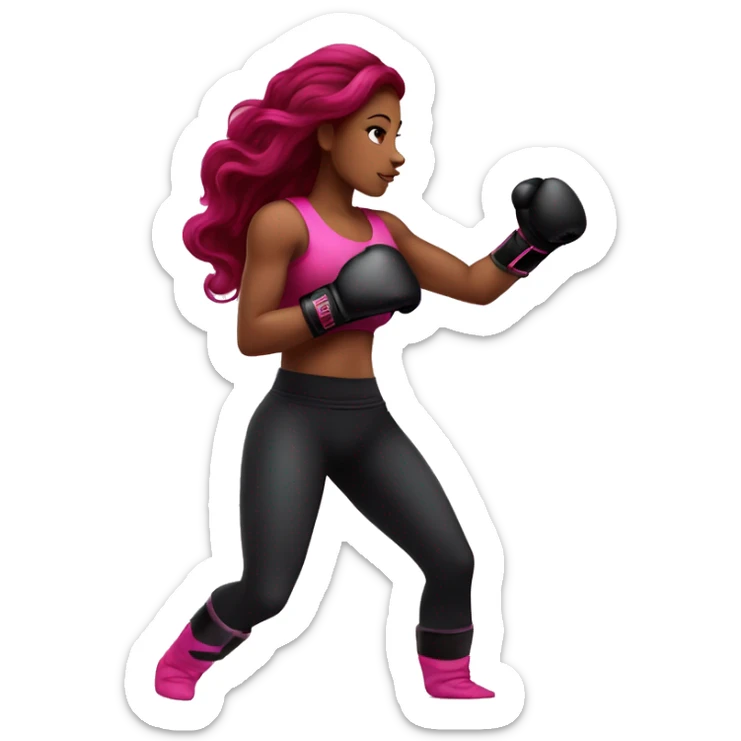 Beautiful tattooed  burgundy long haired woman boxing with pink gloves sticker