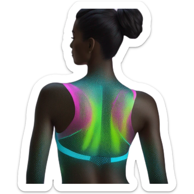 Hyper-realistic neon sculpture showing tall sultry fitness model in mesh body paint from behind sticker