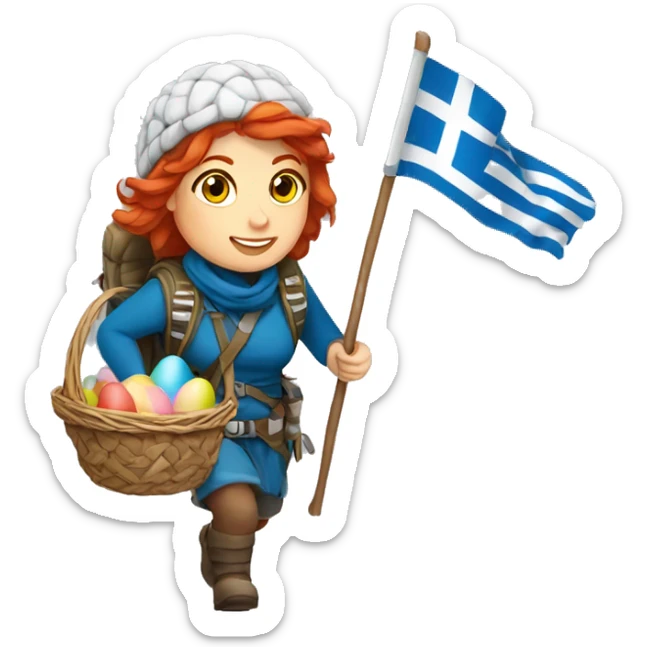 Greek Female winter mountaineer red hair white skin climbing with Greek Flag and Easter eggs basket sticker