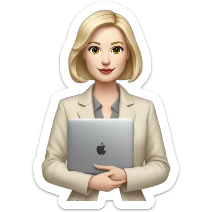 pale skin woman with ash blonde Straightened bob Hair, White Spacious classical jacket, beige palazzo Arrow pants and gray blouse holding a MacBook in the hands sticker