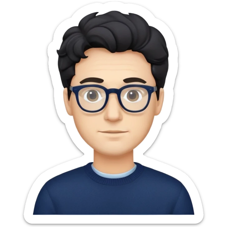 Caucasian man with black wavy hair wearing glasses and a long sleeve navy blue sweater sticker