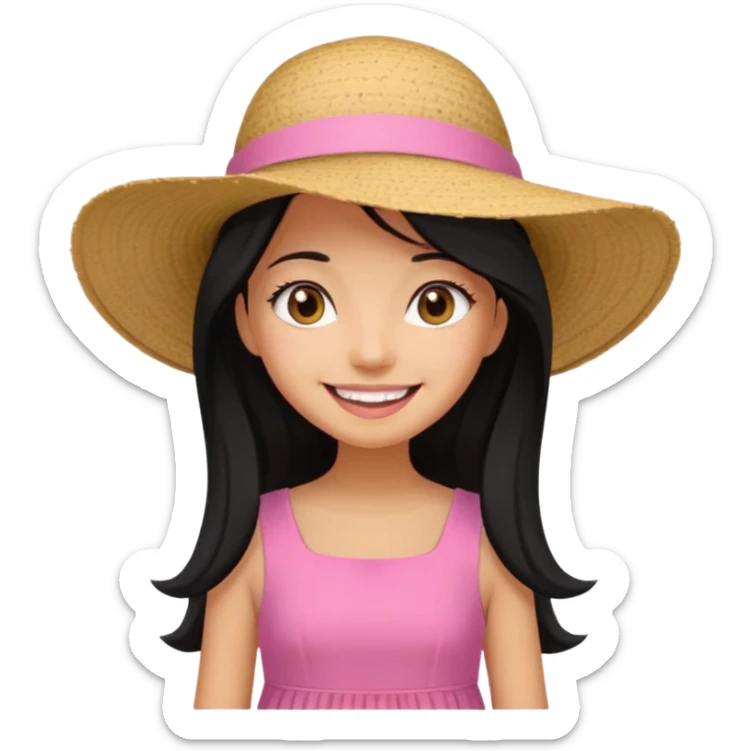 Girl in pink dress and sunhat smiling, black 2 string dress, blakc hair sticker