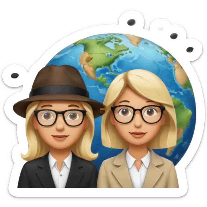 One man with hat and glasses and one blonde woman and music notes on top of world  sticker