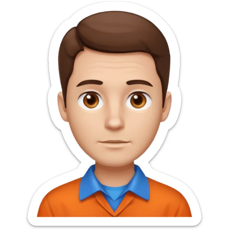 male, white skin, brown hair, brown eyes, orange shirt and blue collarbone, no wrinkles sticker