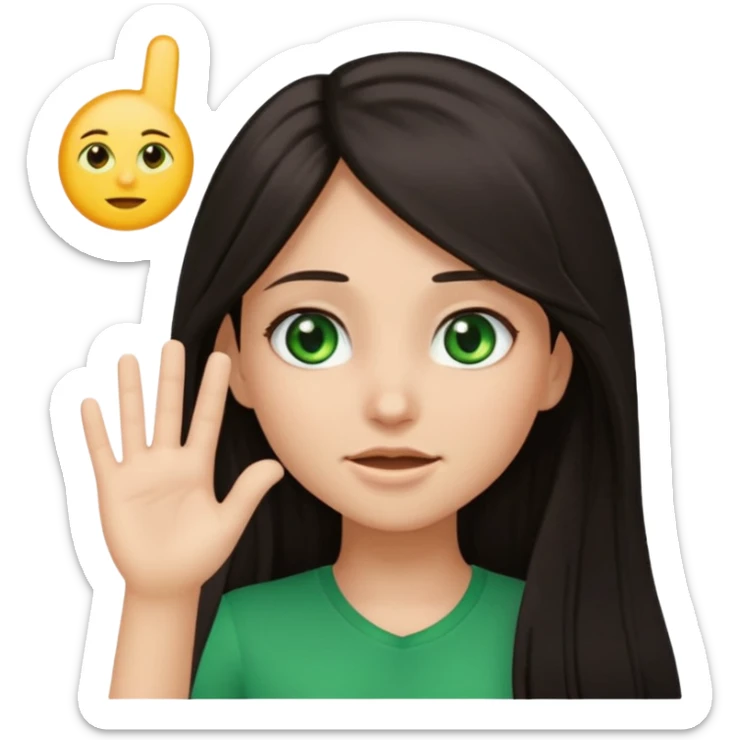 Animated girl dark long hair green eyes emoji holding right side of the head with her hand with duh facial expression  sticker