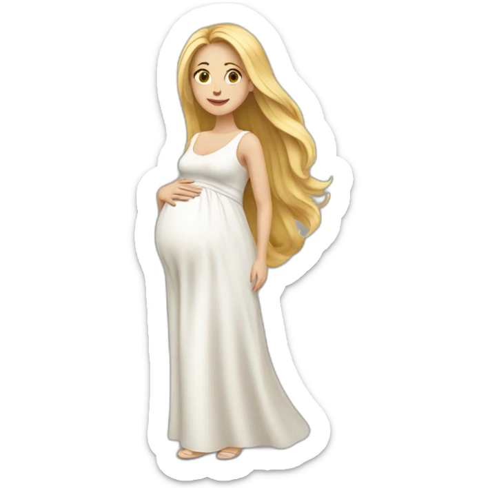 A Woman with Long blond Hair is pregnant. She wears a White dress sticker