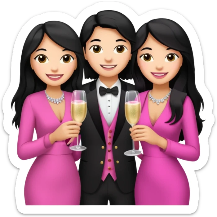 3 besties with professional glammed up looks wearing pink, medium skin tone smiling big with black long hair  sticker