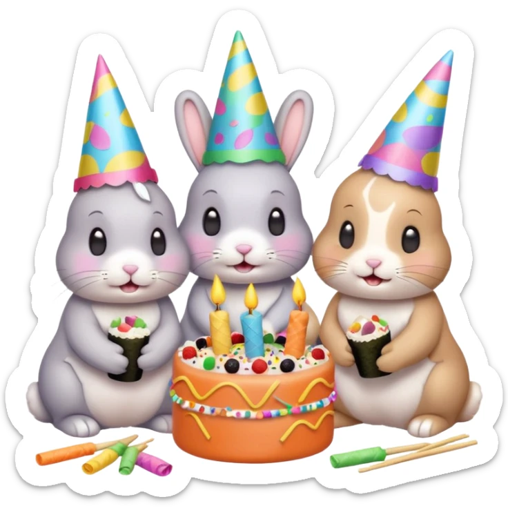 four bunnies together eating sushi at a birthday party, pastel colors, cute, party hats, streamers, confetti, sushi, birthday cake, festive, varied arrangement, emoji style, all four bunnies clearly visible sticker