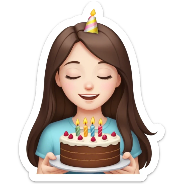 happy beautiful pale brunette girl with long eyes closed hair holding a piece of birthday cake  sticker