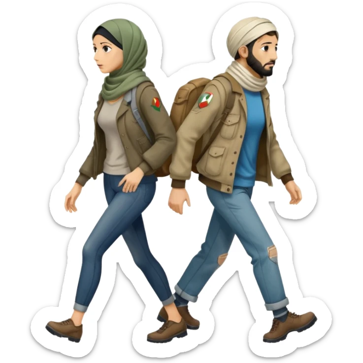 
Iranians fleeing war, full length, in profile, man and woman sticker