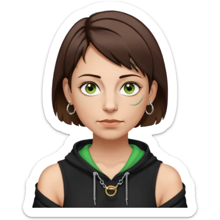 a girl in her 40s, short brown hair with sidelocks going to her chin, green-brown eyes, wearing one shoulder black hoodie and tanktop, septum ring, 3 rings in left ear, 2 in right ear sticker