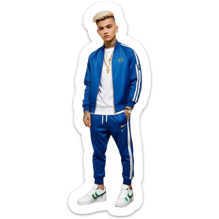 Capelli rasati ai lati con sfumatura, sopra corti e fissati con gel. Look curato e deciso. Indossa tuta firmata (Nike, Adidas, Lacoste, EA7) o jeans skinny, scarpe vistose come Air Force 1. Sempre presenti borsello a tracolla e collana d’oro E tatuaggi d’appertutto sticker