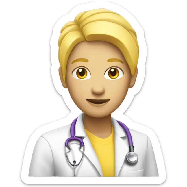 IOS-style emoji a yellow-skinned health worker, she has yellow hair, yellow skin, a purple shirt, and a white jacket, she is wearing a stethoscope. Minimalism concept. Vector Style. Subtle Shading. Subtle 3D style look sticker