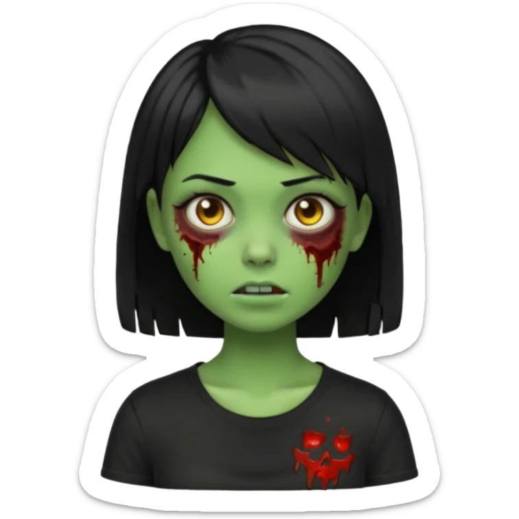 Emoji zombie girl verde com cabelo preto liso  curto com franja pro lado com uma blusa preta sticker